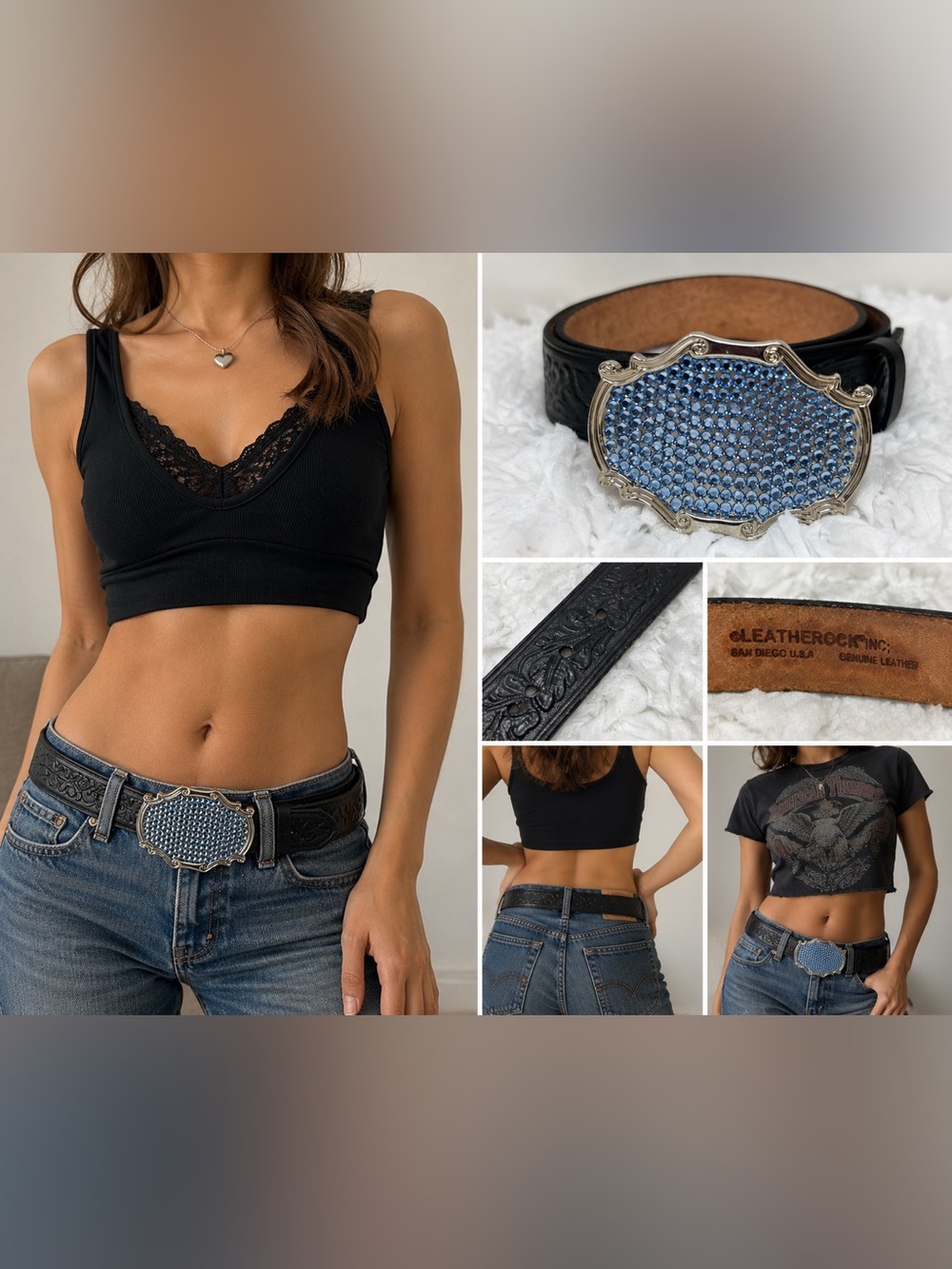 Leatherock Inc Blue Rhinestone Western Leather Belt Black Embossed tooled Belt